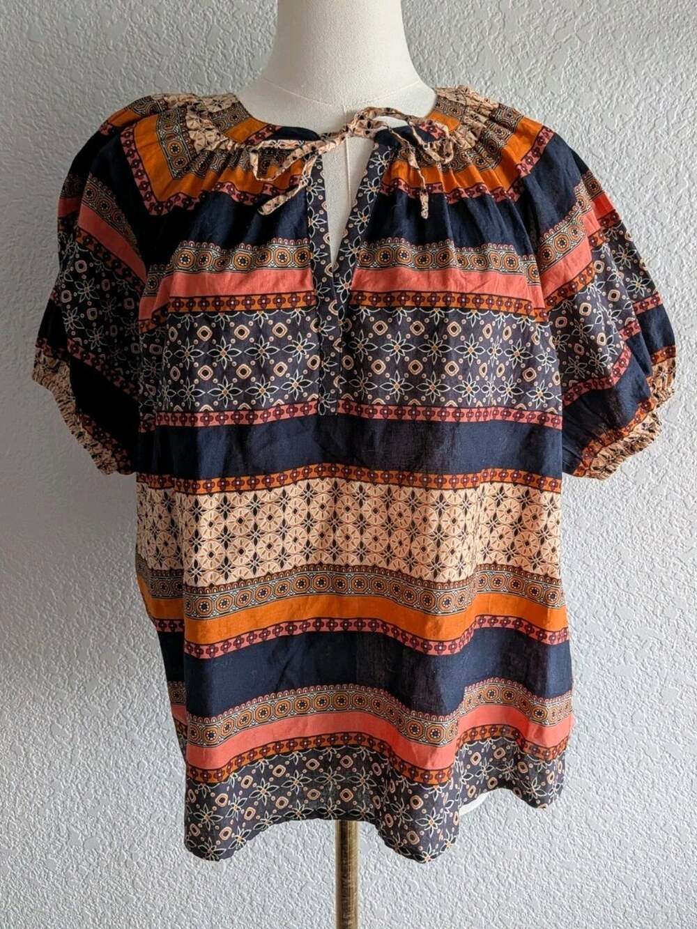 LOFT Small Boho Peasant Blouse Orange Blue Floral Print Cotton Top Puff Sleeve